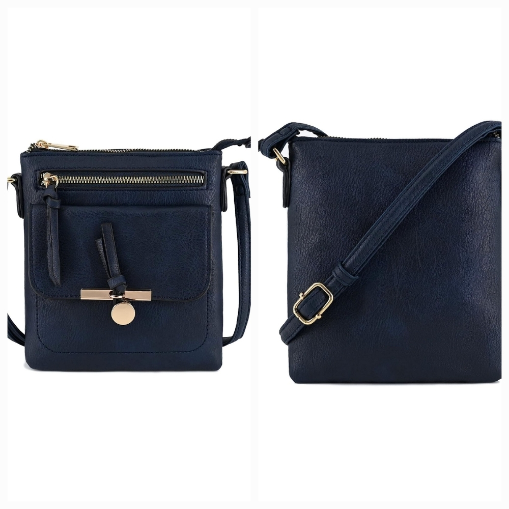 NWT Crossbody PETA Vegan approved Faux Leather Navy Med Bag Golden Hardware